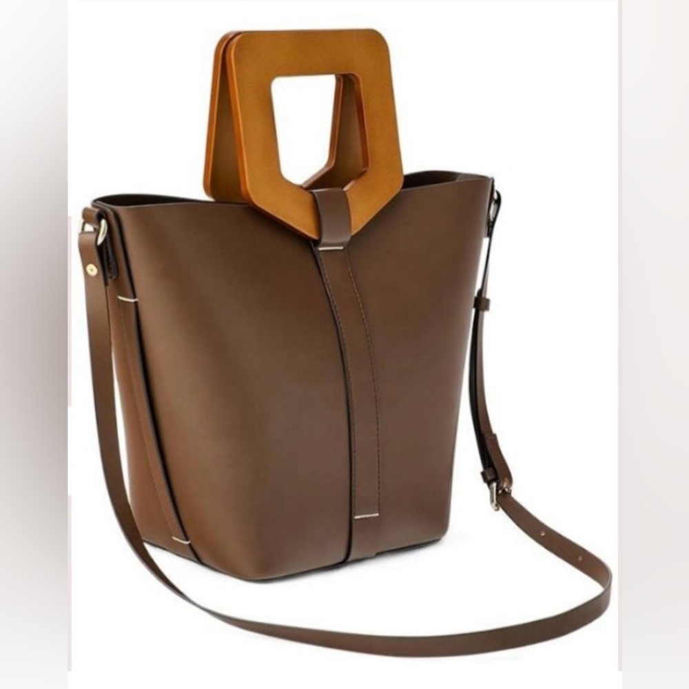 ZARA Elegant Brown Faux Leather Tote Bag with Removable Straps.